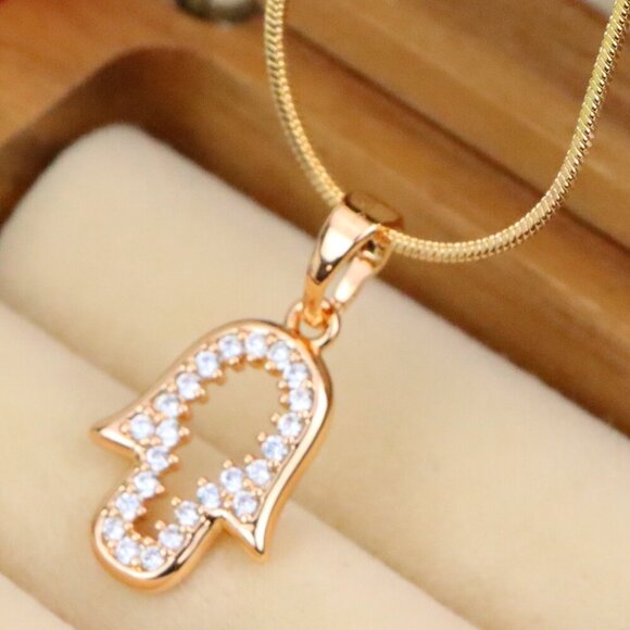 "Rose Gold Hamsa Pendant with Crystals – Symbol of Protection & Luck, XPPT1220 - Picture 1 of 13
